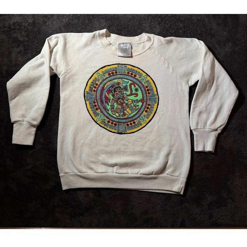 Vintage Delta Fifty-Fifty Aztec Mayan Calendar Sweatshirt White Small USA Made